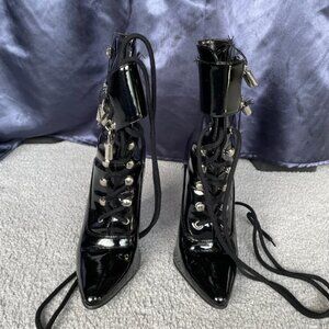 Colin Stuart Black Shiny lace up stilleto ankle boots with pad lock